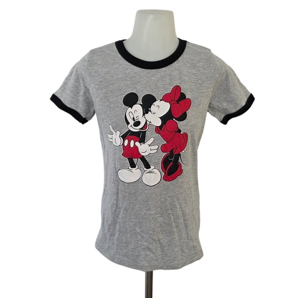 Disney Mickey Minnie Kissing Ringer Tee Small Heather Gray Graphic